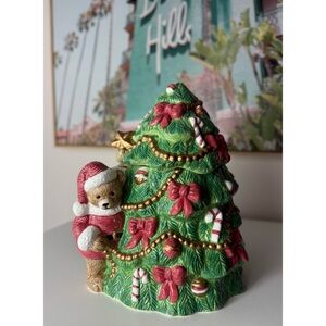 Vintage 1997 Lotus Christmas Tree Santa Teddy Bear Cookie Jar Hand Painted